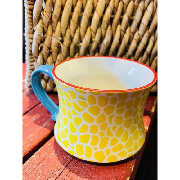 Pier 1 Coffee Mug Cup Yellow Hand Painted Giraffe Print Teal Handle 8 Ounces - Picture 9 of 12
